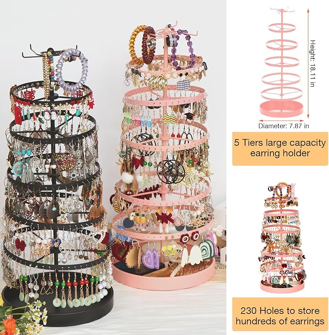 6 Tier Rotating Jewelry Organizer Stand, 230 Holes Earring Holder Organizer for Women Girls, Spinning Earring Tree with Ring Holder, Wide Base for Bracelets Watches Lipstick
