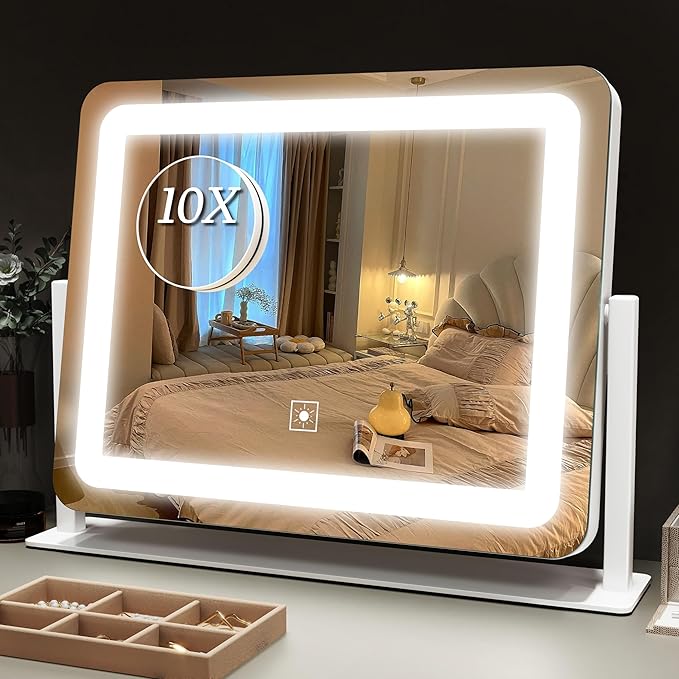 ROLOVE Vanity Mirror with Lights 15"x12", Lighted Makeup Mirror with 10X Magnification, 3 Color Lighting & Dimmable Brightness, Light Up Mirror for Desk, Bedroom, Bathroom