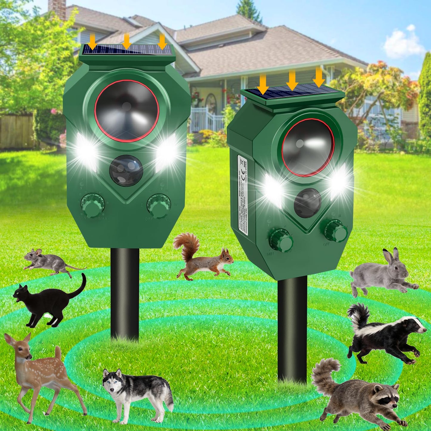 Ultrasonic Animal Repeller Outdoor,Cat Repellent & Deterrent with PIR Sensor & Flashing Light,Solar Powered Deer Repellent Device for Squirrels,Raccoons,Skunks,Rabbits,and Dog,IP65 Waterproof - 2 Pack