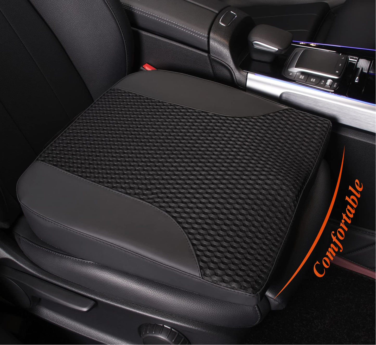 kingphenix Car Seat Cushion – Memory Foam Pad for Driving Comfort – Boosts Height and Relieves Coccyx & Lower Back Pain – Car, Truck, Office Chair (Leather & 4D Mesh Black)