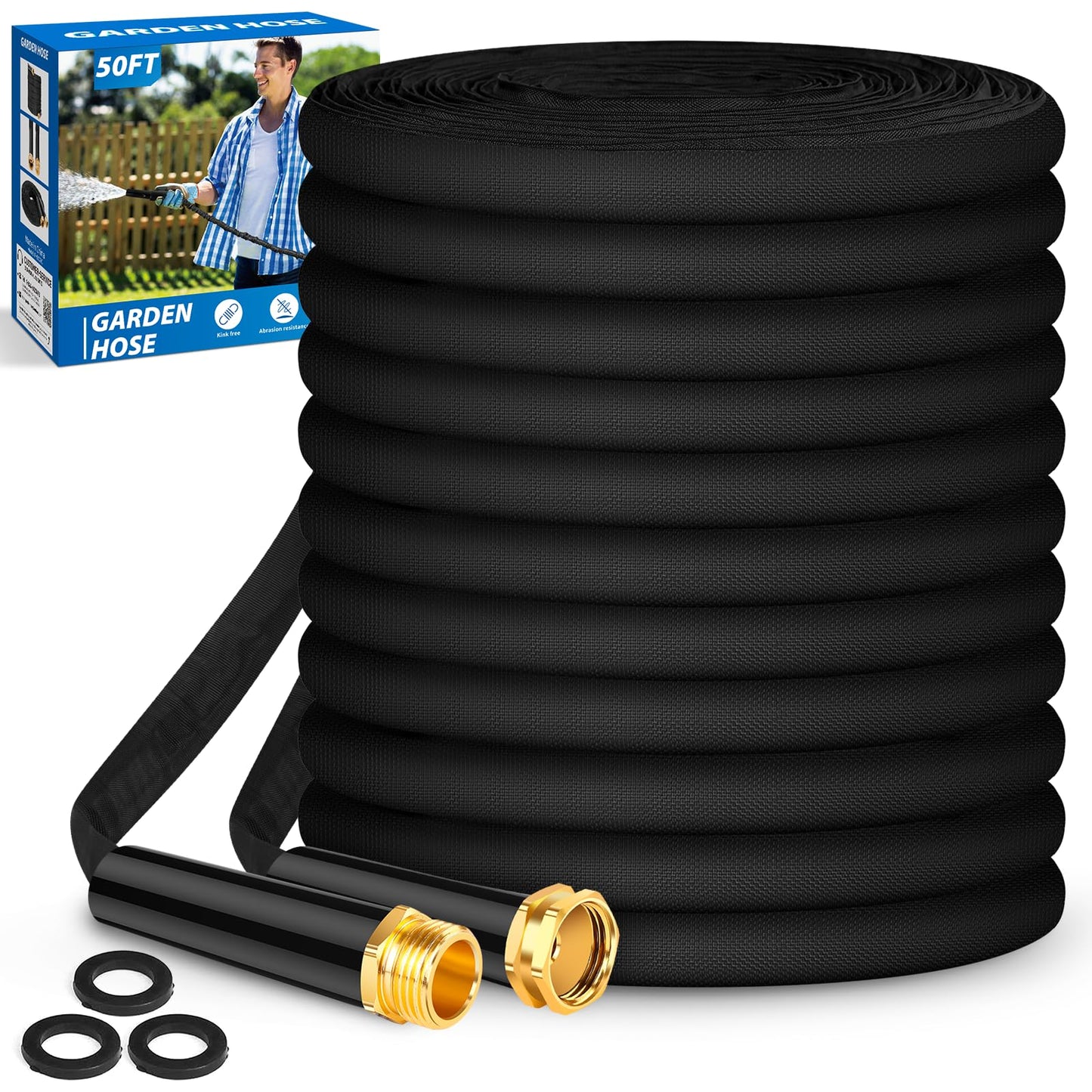 Garden Hose 50 FT, Non-Expanding, Lightweight Water Hose with 3/4", Easy Storage, Portable and Flexible Kink-Free PVC Inner Core, 500 PSI Burst Strength Outdoor Hose for Garden, Yard and Lawn