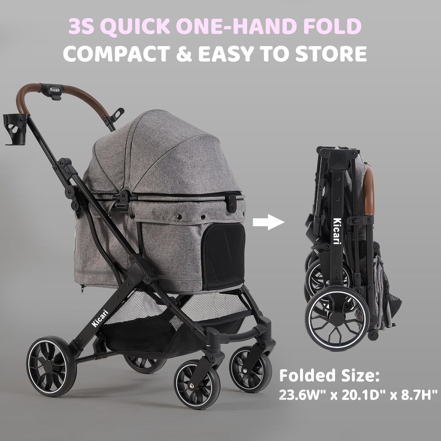 Kicari All-Terrain Dog Stroller for Small to Medium Dogs, Pet Stroller for Dogs & Cats Outdoor Walks, One-Hand Easy Fold, Double-Layer Anti-UV & Waterproof Canopy & Breathable Mesh, Charcoal Gray