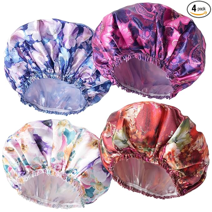 4 PCS Shower Cap for Women, Elastic and Reusable Bath Caps, Double Layers Shower Caps Reusable Waterproof, Bathing Shower Caps, Environmental Bath Hair Protection Cap - Printing Flower D