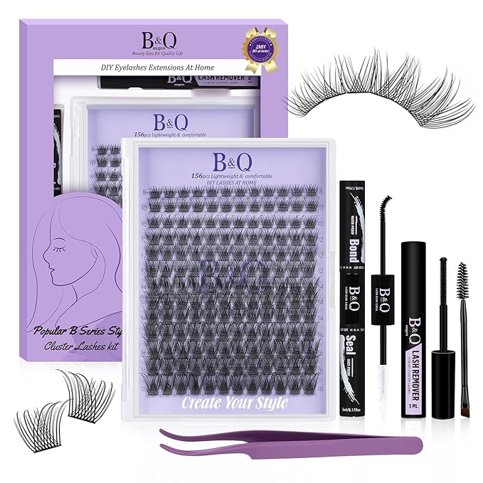 B&Q Wispy Lash Clusters Kit B01, DIY Lash Extension Kit 156PCS Eyelash Extension Kit, Soft Natural Lash Clusters 8-18MIX D Curl Lash cluster, Thin Black Band Cluster Eyelash Extensions (B01 Set)