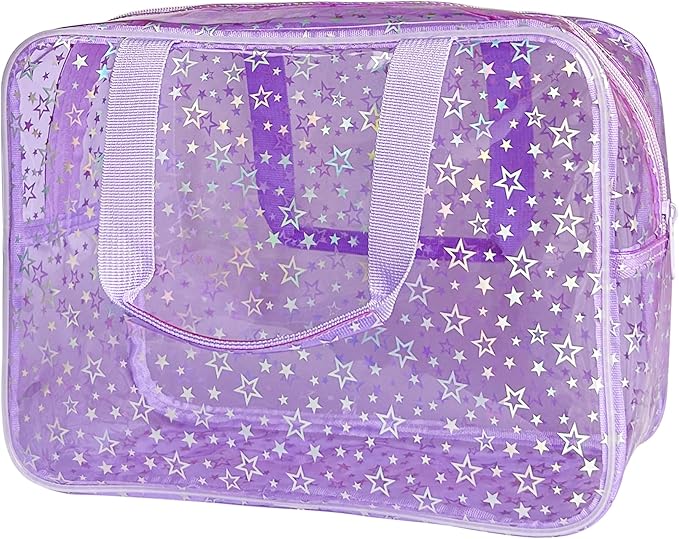 Clear Star Large Cosmetic Bag and Travel Pouch with Handle,Durable Material,Zipper Design-Ideal for Makeup,Travel Essentials (Purple+Shiny Star)