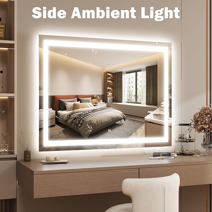 ROLOVE 40x28 Inch Lighted Vanity Mirror, 3-Color Lighting & Dimmable Modes, Large LED Makeup Mirror for Bathroom/Dressing Room (Wall/Tabletop Mount, White)