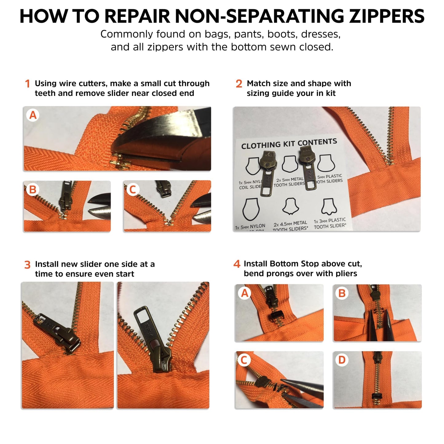 Zipper Rescue Clothing Zipper Repair Kit - The Original Zipper Pull Replacement kit for Hoodies, Pants, Handbags - Included 11 Metal Sliders, 4 End Stops, 6 Top Stops - Made in America Since 1993