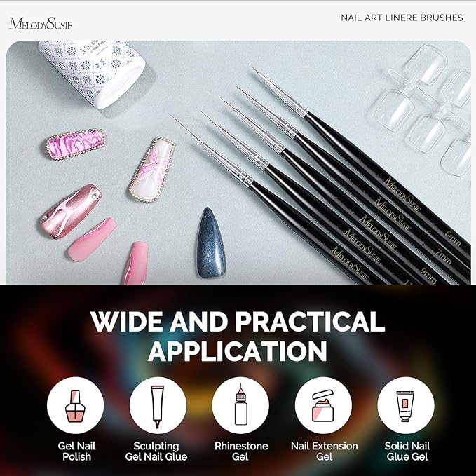 MelodySusie Nail Art Liner Brushes 5Pcs Professional Gel Polish Painting Art Design Pen Set for Thin Long Lines, Tiny Details, Fine Drawing, Delicate Coloring Sizes 5/7/9/11/20mm
