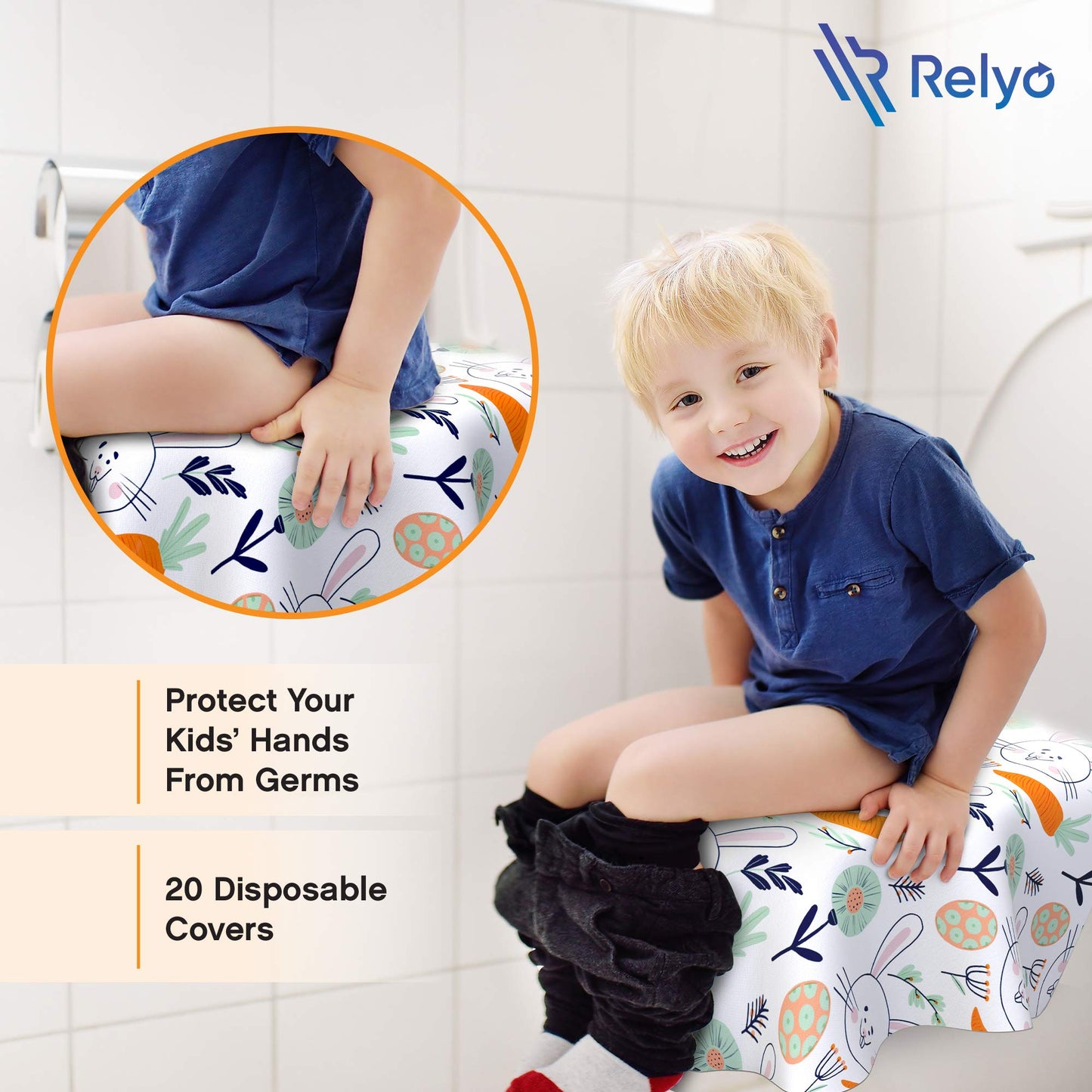 Relyo Disposable Toilet Seat Cover for Travel – 20 Pack with Covers Wrapped in Sets of 2, Non-Flushable Liners, Fits Most Seats – Kids, Toddlers, Adults (Bunny, 20)