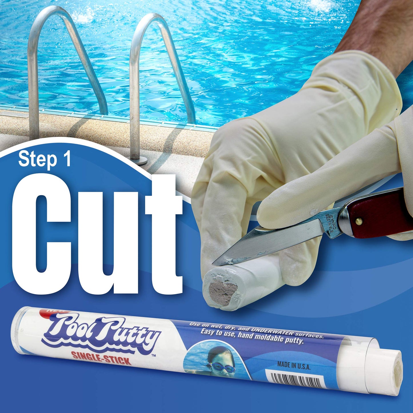 Epoxybond Pool Putty Single-Stick 4 oz | Pool & Spa Repair | Easy for Anyone to DIY | Works Underwater or Above | Fix Cracks Leaks in Concrete, Fiberglass & Other Surfaces | by Atlas Minerals