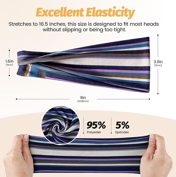 Headbands for Women - 6 Pack Wide Elastic Hair Bands | Stretchy Sweatbands Hair Bands | Soft Sports Thin Head Bands | Non-Slip Accessories Bands for Fashion, Washing Face, Workouts, Yoga, Daily Use