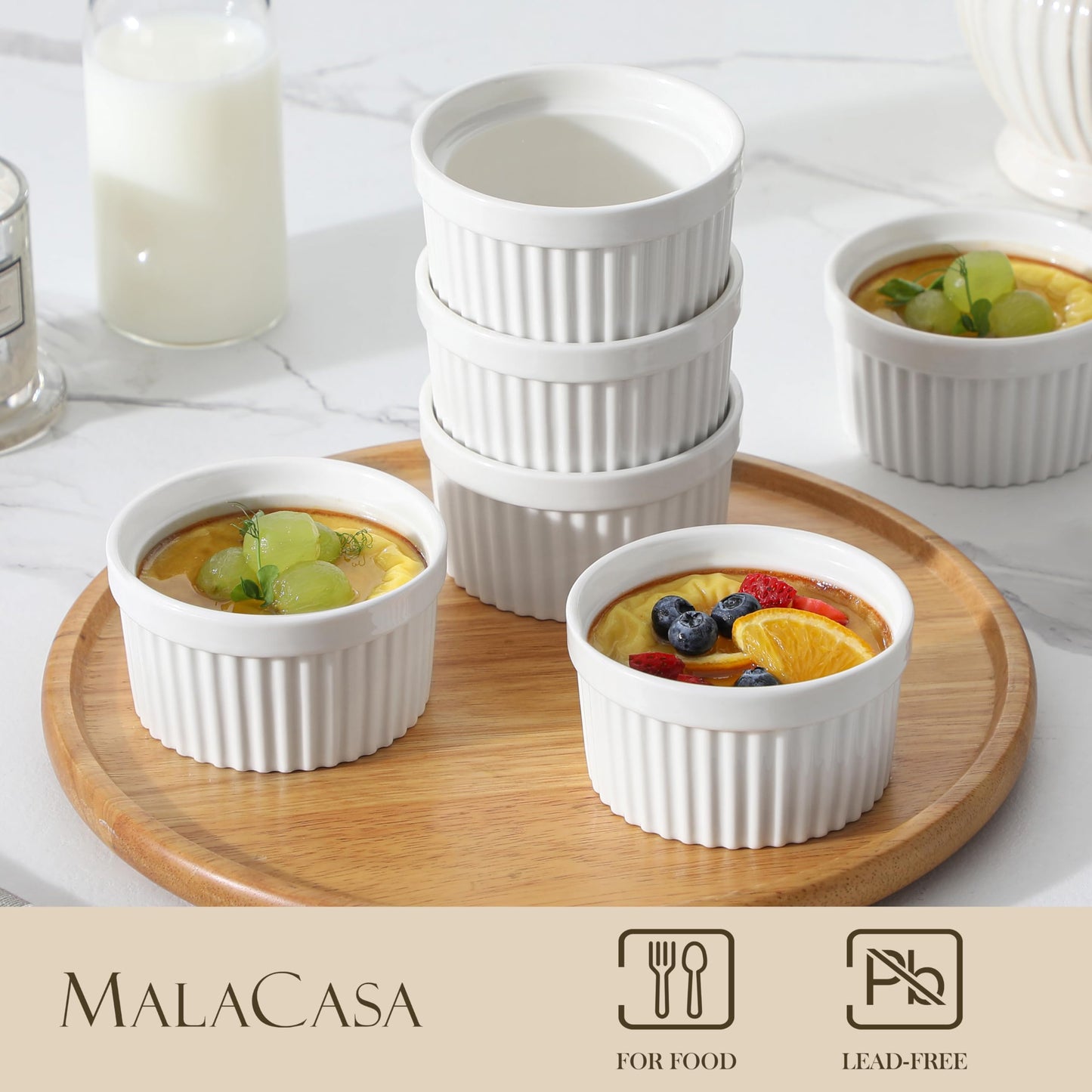 MALACASA Ramekins 8 oz Oven Safe, Porcelain Creme Brulee Ramekins Pudding Custard Cups Ceramic Souffle Dishes Ramakan Ramiken Ramicans Baking Bowls Set of 6, White, Series RAMEKIN-DISH