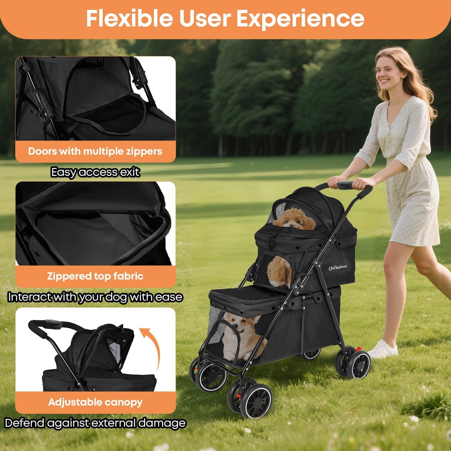 Double Pet Stroller for Dogs and Cats,Cat Strollers for 2 Cats,Double Dog Stroller for 2 Small Medium Dogs,4 Lockable Wheels/Lightweight/Folding, Black
