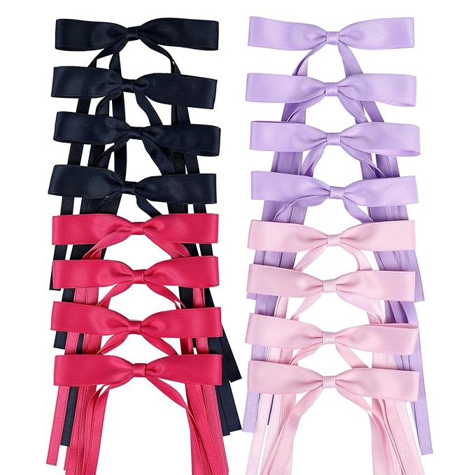 Hair Bows Clips Coquette Ribbon Bowknot with Long Tail Princess Hair Bows French Barrettes Hair Accessories for Women Girls 16PCS (Rose red, Dark Blue, Purple, Pink)