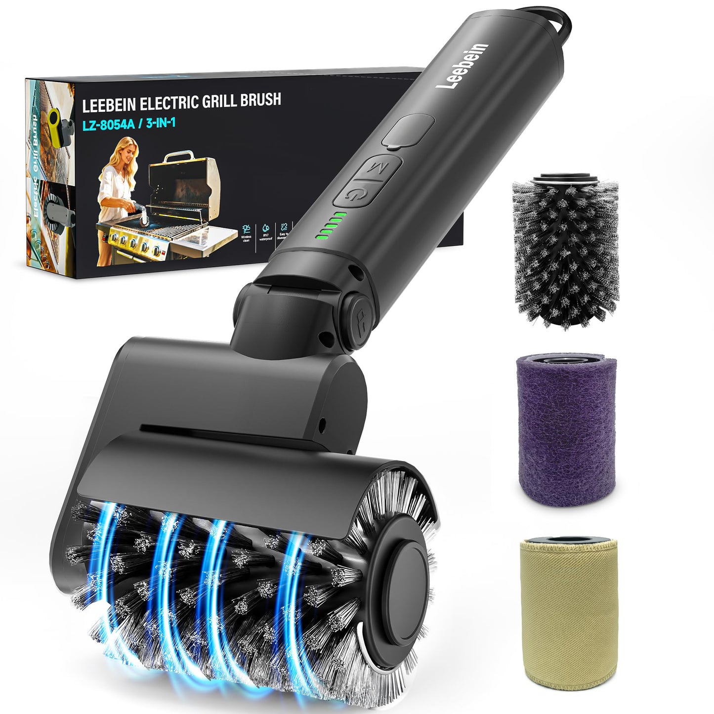 Leebein Electric Grill Brush for Outdoor, 2026 TikTok BBQ Grill Cleaner with 3 Heads, 3-Speed & Angle Adjust Cordless Rotary Grill Brush, 150Mins Runtime Grill Cleaning Brush for Barbecue Grates
