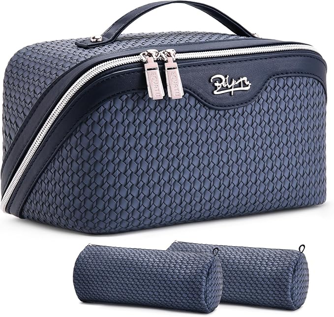 BOYATU Travel Makeup Bags for Women: Large Capacity Make up Bag with Wide Opening - 3 Pcs Set Waterproof Travel Toiletry Organizer for Full-Sized Bottles, Cosmetics & Brushes (Blue-W)