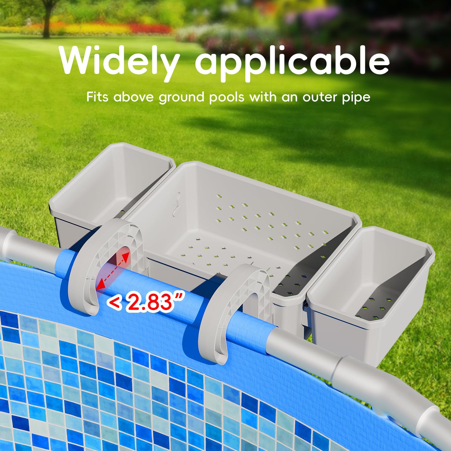 SHAPON 2026 Upgrade Poolside Storage Basket with 2 Cup Holders, Pool Drink Holder Stretchable Organizer for Drinks & Pool Supplies, Perfect Above Ground Pool Accessories for Most Frame Swimming Pools