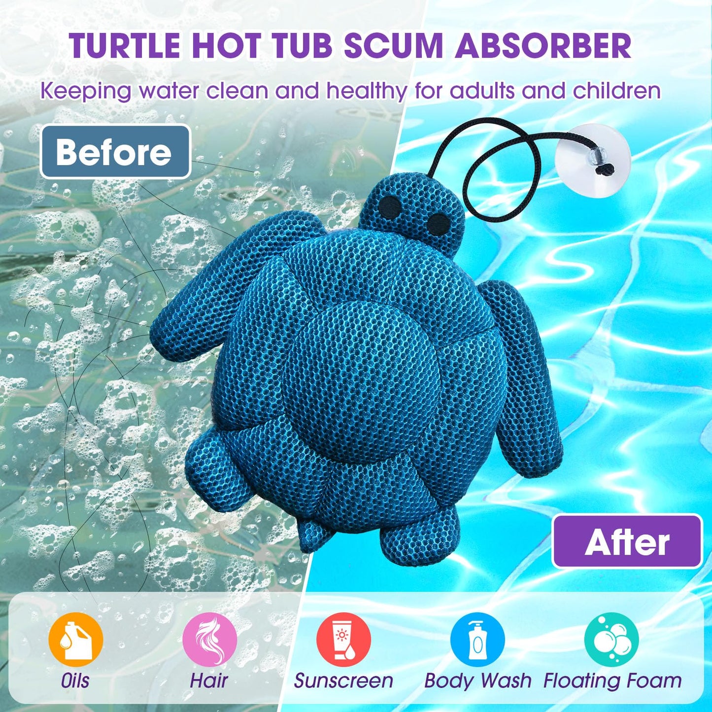MAXDORIA Hot Tub Scum Absorber, 2 Pack Hot Tub Accessories for Adults, Turtle Hot Tub Sponge Scum Cleaner Gifts for Spa, Reusable Oil Absorbing Scumbug Remover Keeps Water Clean