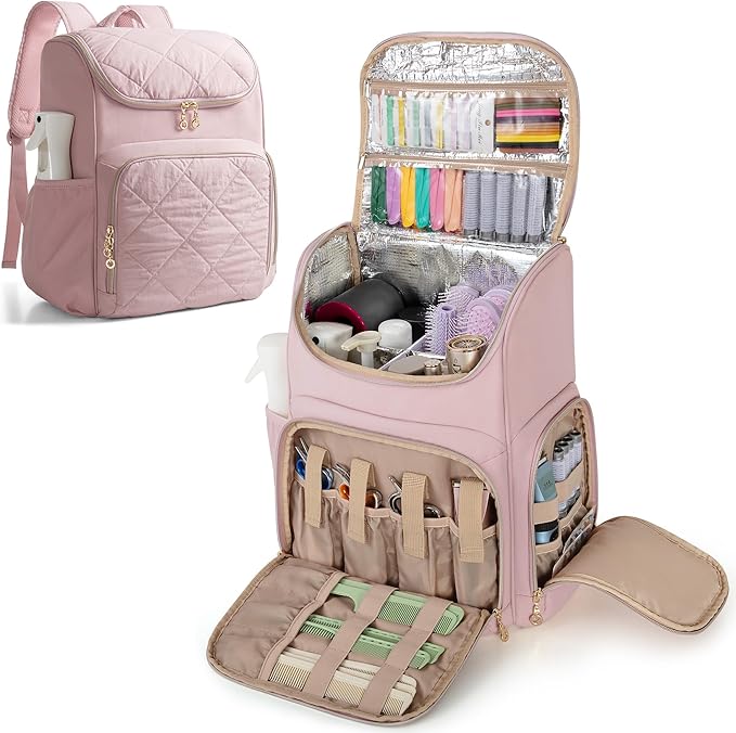 Insulated Hairstylist Travel Bag Backpack with Detachable Dividers and Multiple Pockets, Quilted Hair Tool Travel Bag with Multiple Pockets for Hairstylist and Barber, Pink