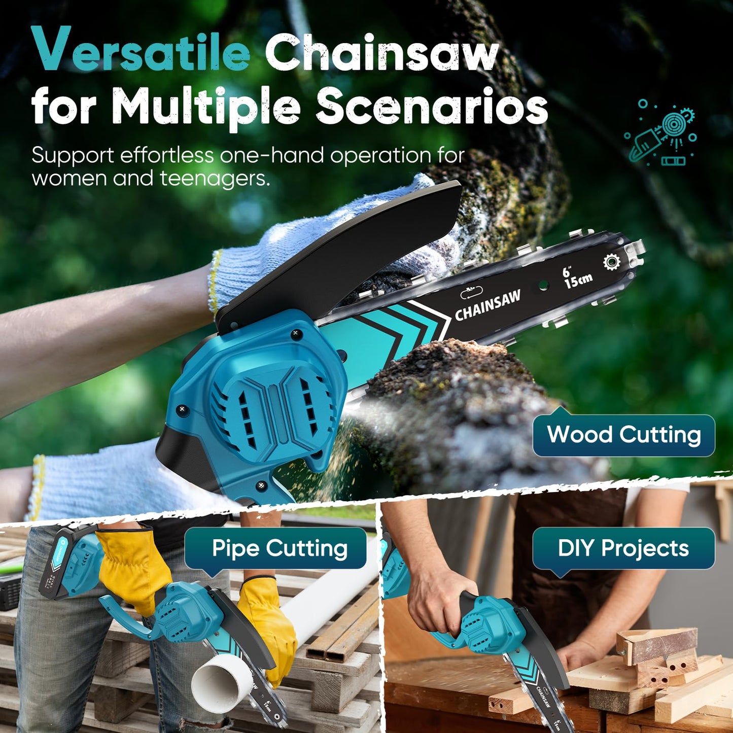 Chainsaw 6-Inch 2 Pack 2000mAh Battery Hand Mini Chain Saw Birthday Christmas Gifts for Men Portable Cordless for Wood Cutting Tree Trimming Projects Gardening Tools (Blue-2 Battery)