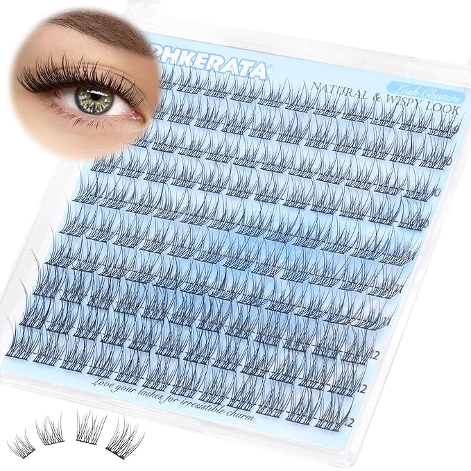 PHKERATA Natural Lash Clusters Wispy Cluster Eyelash Extensions 120 pcs Individual Lashes DIY C Curvature Eyelash Clusters 9-12 mm Natural Lashes Clusters