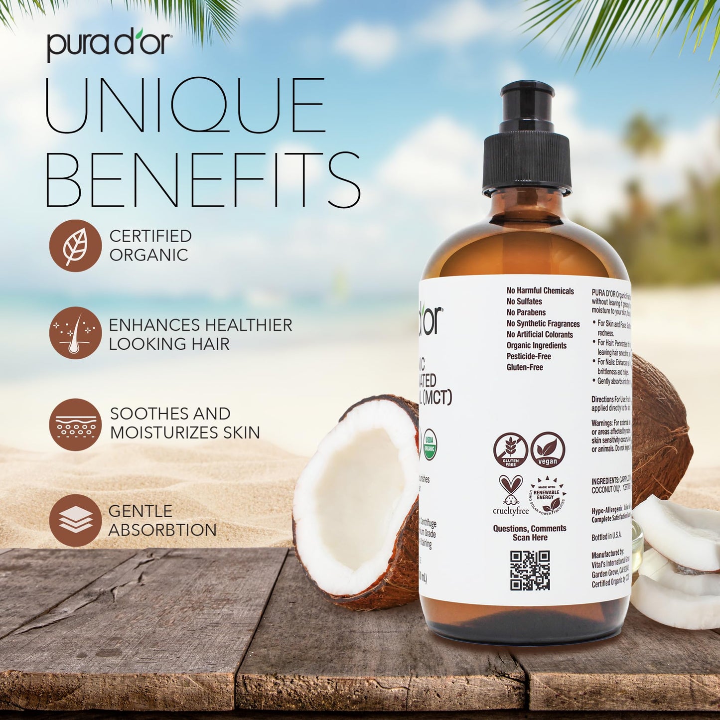 PURA D'OR ORGANIC Fractionated Coconut Oil MCT Oil (16.9 Oz GLASS BOTTLE) 100% Pure & Natural USDA Certified Cold Pressed - Unscented, Hexane Free Moisturizer For Face, Skin & Hair Tonic - Men & Women