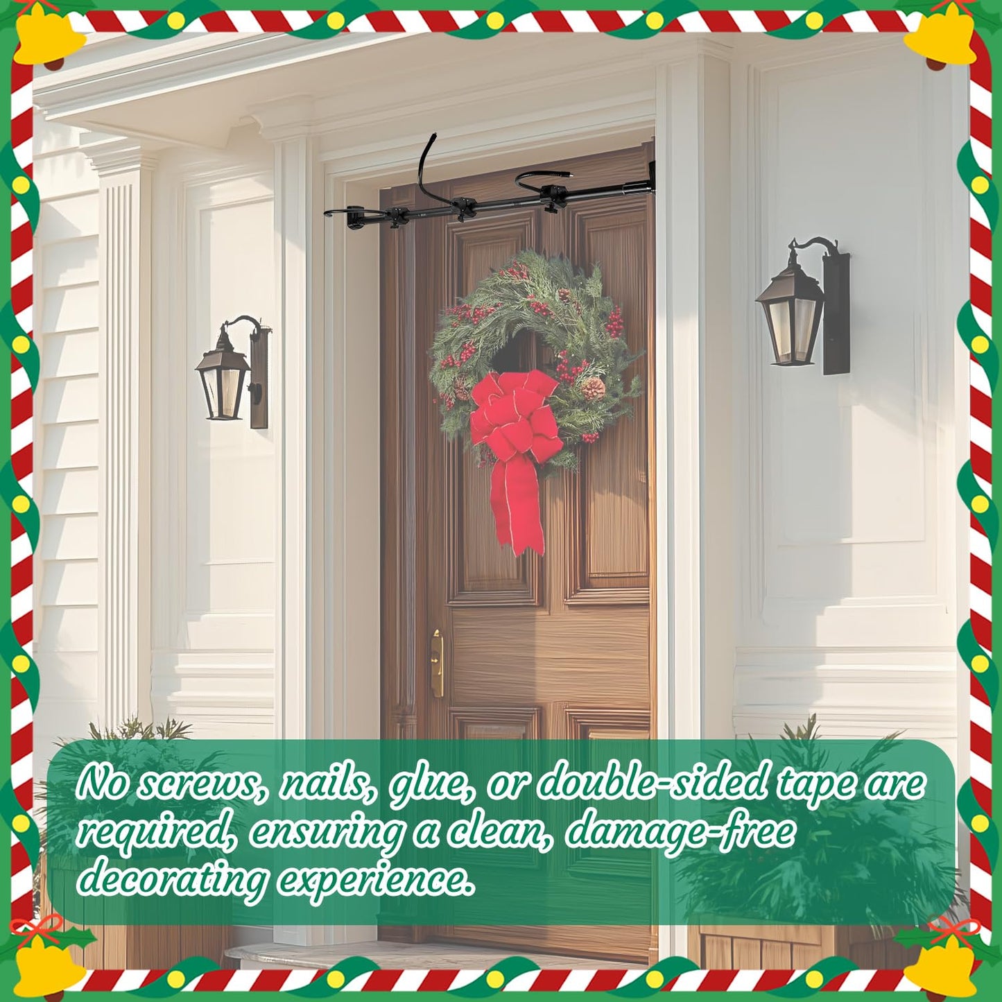 Garland Hanger for Front Door Frame, Adjustable Fits 18"-80" Doors（Large），Heavy-Duty Christmas Halloween Decoration Holder for Wreaths, Lights & More | No Screws, Drilling, Glue-Damage-Free