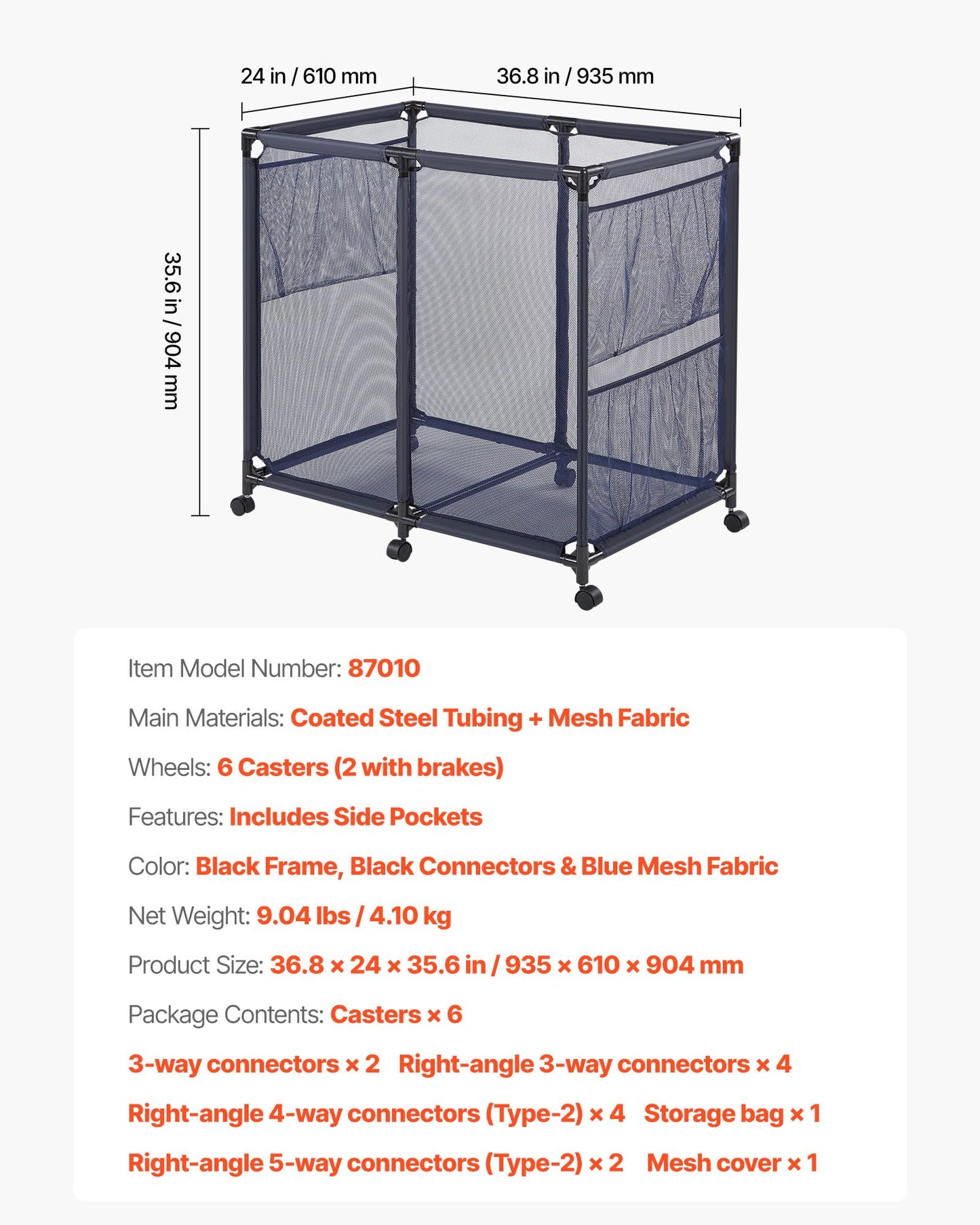 VEVOR Pool Storage Bin, 36.8 x 24 x 35.6 in, Rolling Pool Float Storage Organizer with Side Pockets & Casters, Heavy Duty Metal Frame, Poolside Toys Noodles Holder Mesh Basket for Swimming Pools