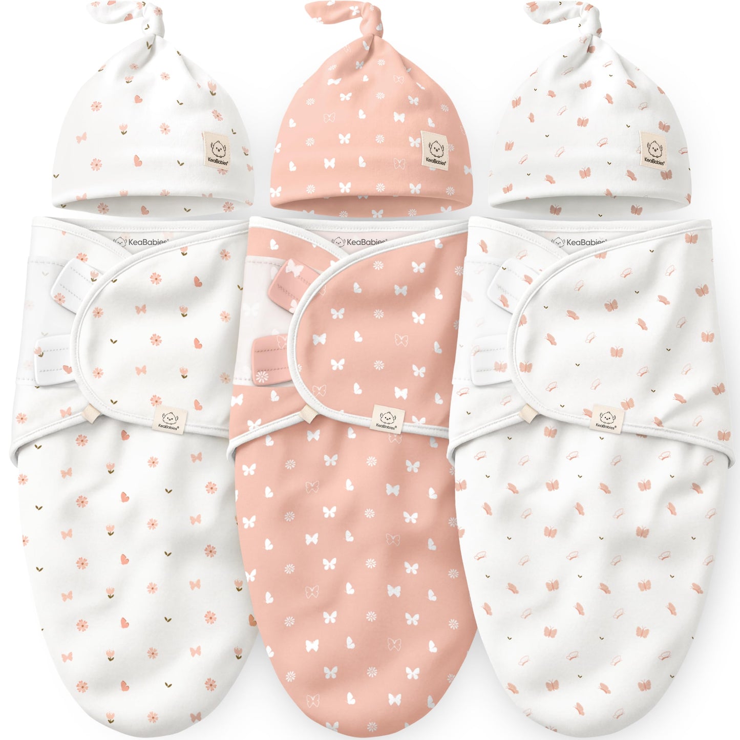 KeaBabies 3-Pack Swaddles for Newborns, Girls, Boys with Hats - Organic Soft Baby Sleep Sacks, Breathable Baby Swaddle 3-6 Months Beanies Set, Premie Infant Sleep Sack 0-3 Months (Butterflies)