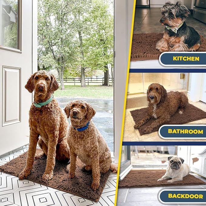 Muddy Mat® 2-Piece Brown Medium 30"X19" AS-SEEN-ON-TV Highly Absorbent Microfiber Door Mat, Bath Mat and Pet Rug, Non Slip Thick Washable Soft Chenille for Kitchen Bathroom Bedroom Indoor and Outdoor