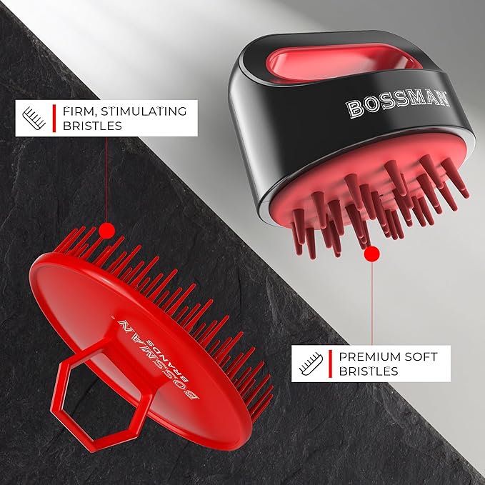 Bossman Titan Shower Scalp Massager – Scalp Exfoliator Brush – Ergonomic Silicone Scrubber for Product Build-Up, Dandruff & Pore Stimulation – Head & Beard Care Tool with Soft Bristles