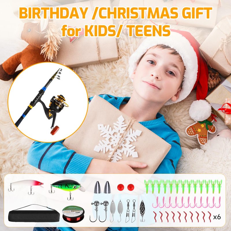 Kids Fishing Pole Set, Telescopic Fishing Rod and Reel Combo Kit for Kids/Youth, Fishing Pole for Beginners with Spincast Fish Reel, Fish Tackles, Fish Lures, Fish Lines 【Ambidextrous】