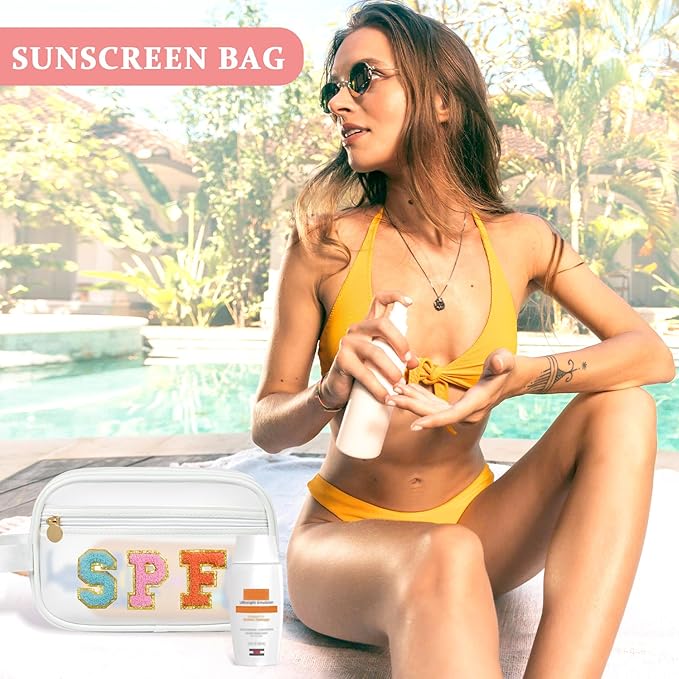 COSHAYSOO Clear Sunscreen Bag SPF Beach Vacation Essentials Waterproof Summer Pool Must Have Accessories for Women Teen Girls, Family Beach Day Organizer Toiletry Pouch Travel Gifts Preppy Letter