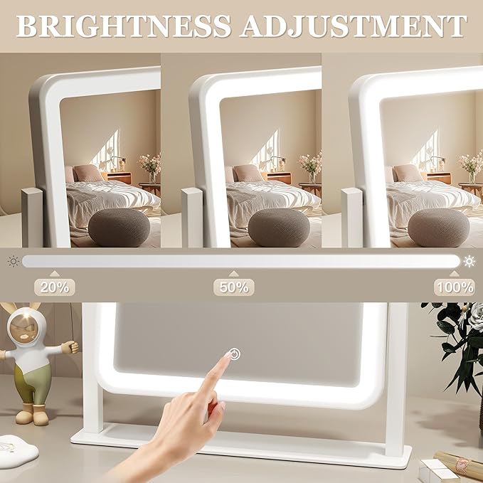 ROLOVE Vanity Mirror with Lights, 14"×12" LED Makeup Mirror, Lighted Makeup Mirror with Lights, Smart Touch Control 3 Colors Dimmable, Lighted Up Mirror for Makeup Desk, Bedroom, Women Gift