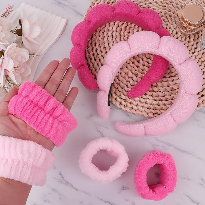 6Pcs Spa Headband and Wrist Washband Set, Skincare Makeup Headband, Sponge Face Wash Band, Terry Cloth Puffy Hair Band for Washing Face
