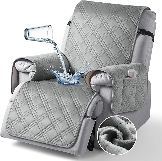 TAOCOCO 100% Waterproof Recliner Chair Cover, Recliner Covers for Recliner Chair with Pocket, Non Slip Reclining Chair Cover Furniture Protector for Kids, Pets(23.6'', Light Grey-Velvet)