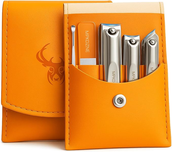 Pro 5-in-1 Nail Clippers Set for Men & Women. Ultra Sharp Stainless Steel Manicure Kit w/Angled Trimmer in Luxury Leather Case. Travel & Home Use (5-in-1 Silver)
