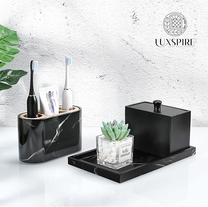 Luxspire Bathroom Vanity Tray, Resin Dresser Jewelry Ring Dish Tank Storage Kitchen Sink Countertop Organizer Plate Holder for Perfume Candles Soap Towel Plant Bathroom Accessories, M, Matte Ink Black