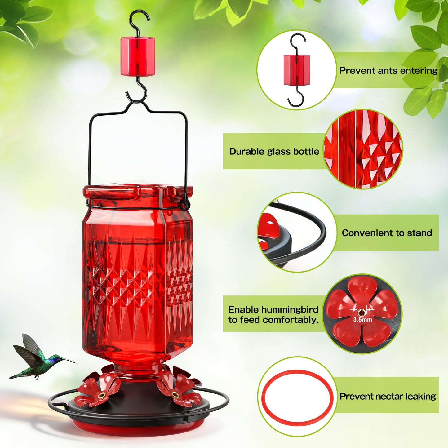 Tegarbed 20oz Glass Hummingbird Feeder for Outdoors Hanging, Bird Nectar Feeder with 4 Bee Guard Flower-Shaped Feeding Ports & Built-in Ant Moat, for Bird Lover, Red (2 Pack)