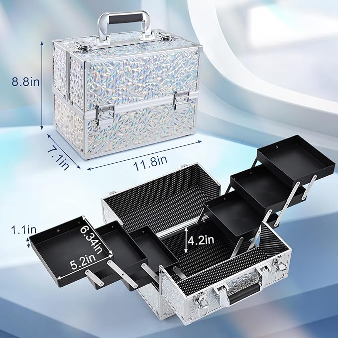 FRENESSA Makeup Case Cosmetic Train Case Organizer 11.8 Inch Large Makeup Box Travel Storage Make Up Train Carrying Case with 6 Trays Locking Hard Vanity Storage Glitter Silver
