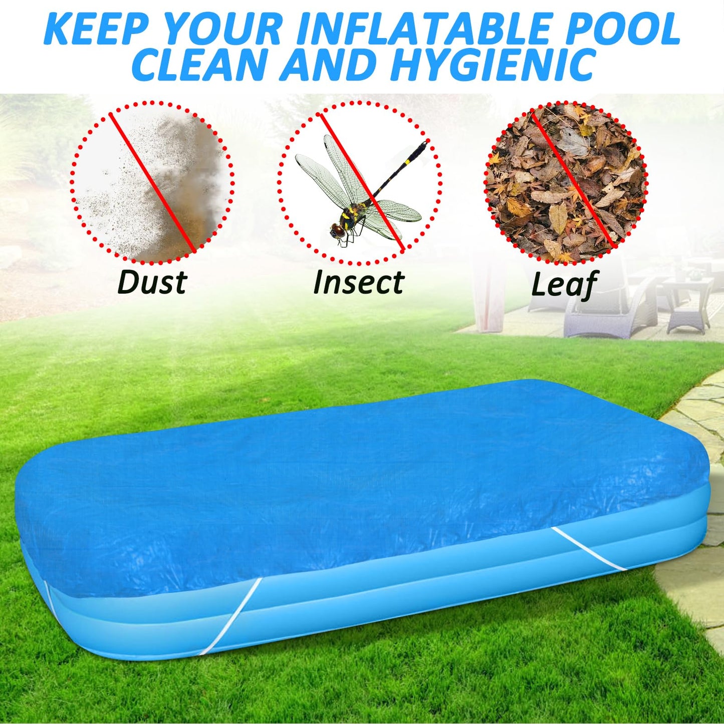 6.7 × 10 FT Rectangular Pool Cover,Inflatable Swimming Pool Cover Fits Under 120"x80" Above Ground Pools,Rectangle Above Ground Swimming Pool Cover with Adjustable Drawstring
