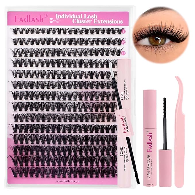 FADLASH Lash Clusters Kit 280PCS Natural Eyelash Clusters Individual Wispy Lash Extensions with Lash Bond and Seal Lash Glue Remover and Lash Tweezer for Beginners DIY at Home (40D-0.07D, 8-16mm, Kit)
