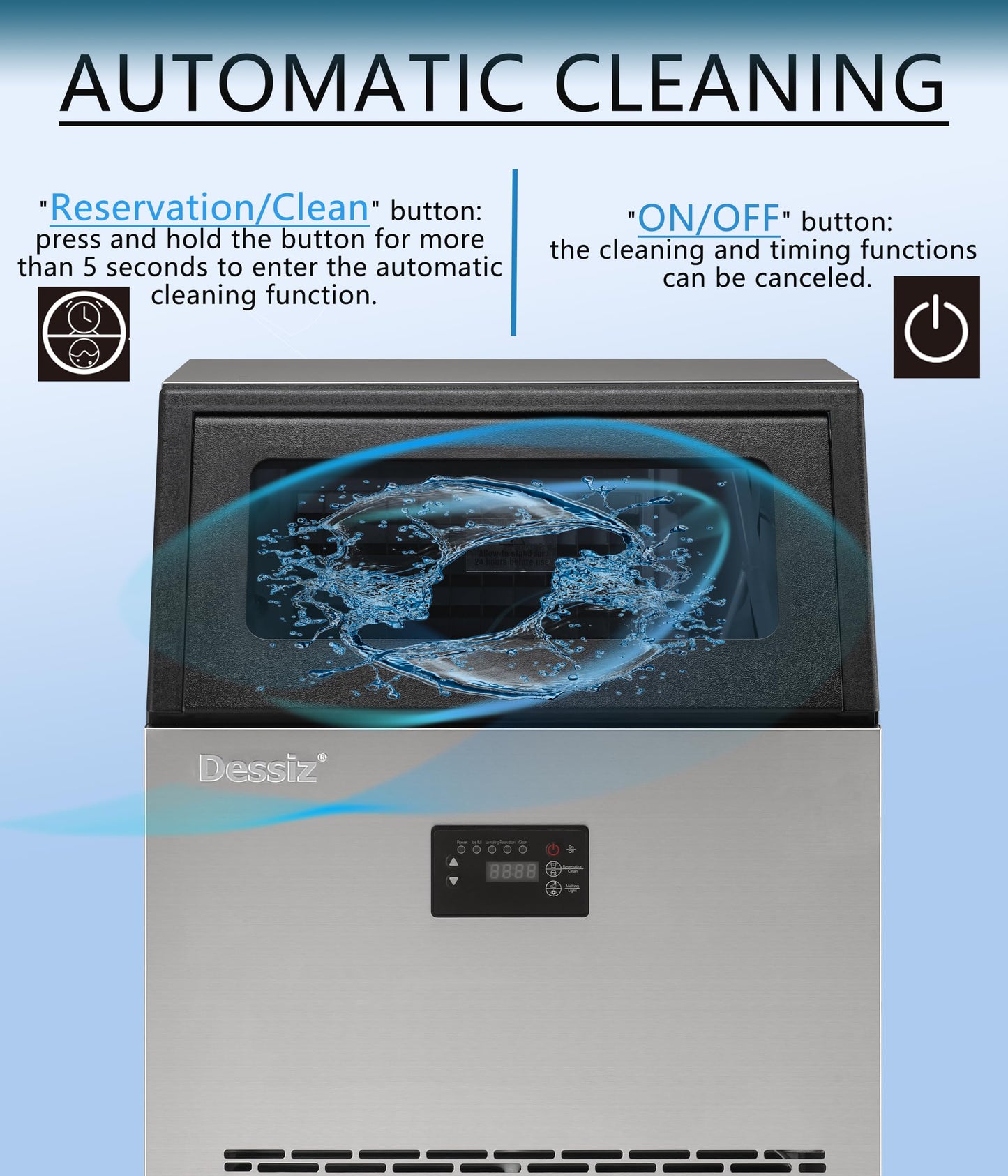 Dessiz Commercial Ice Maker, 130Lbs/24H 40Lbs Storage, 55Pcs Clear Ice in 8-15Mins, Under Counter Stainless Steel Ice Machine with Self-Cleaning & Blue Light, Quiet for Home Bar Restaurant Party