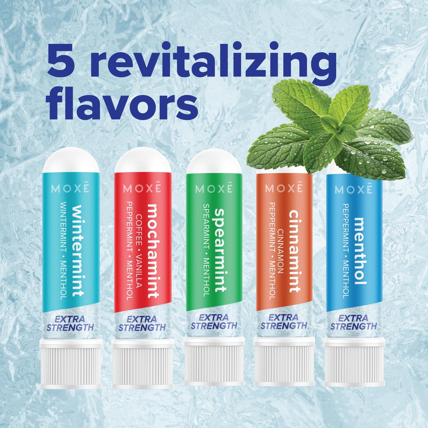 MOXĒ Extra Strength Nasal Inhaler Variety Pack | 5 Powerful Aromatherapy Blends for Sinus Relief, Clarity & Refreshing Energy | Spearmint, Cinnamint, Menthol, Peppermint Mocha & Wintermint