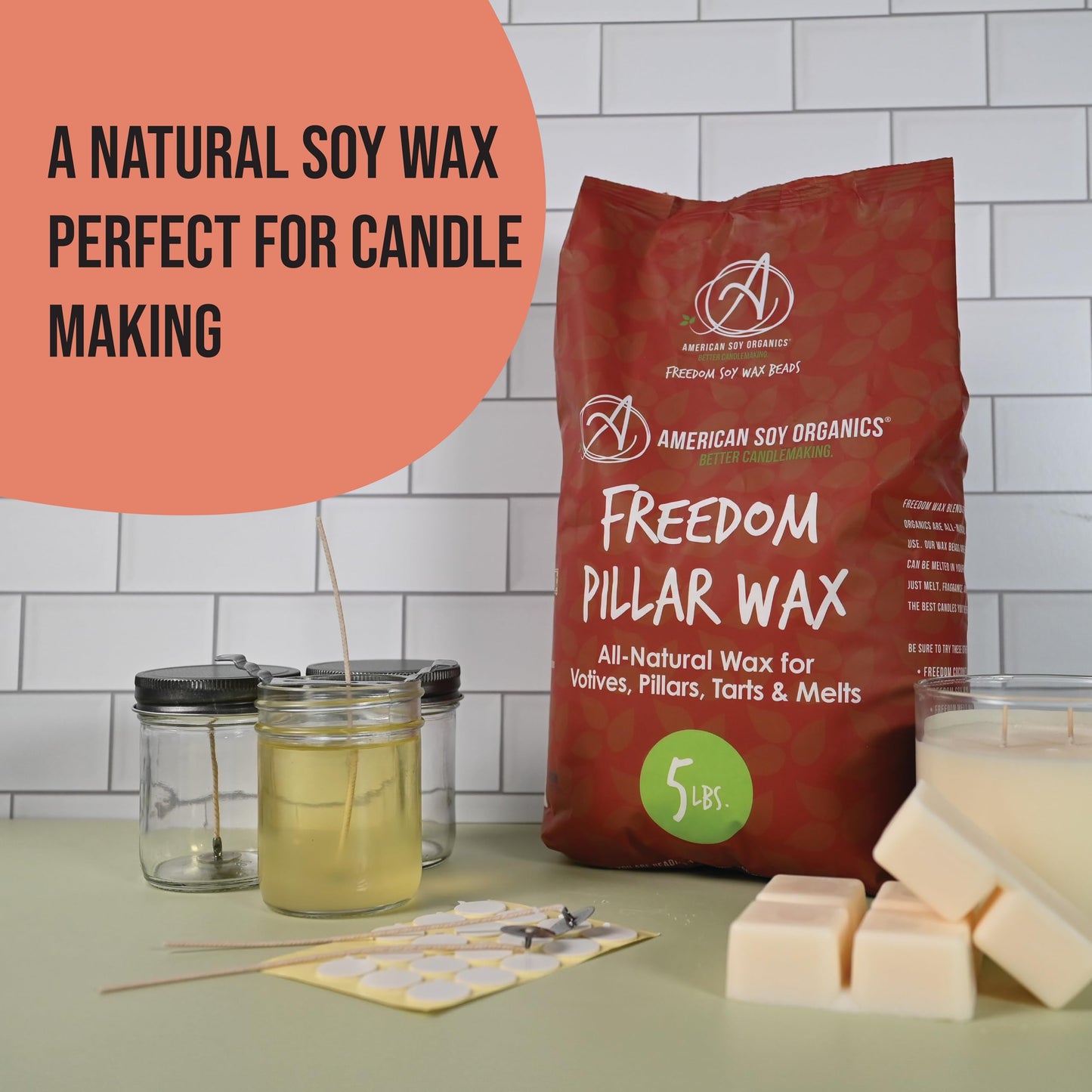 American Soy Organics Freedom Soy Wax Beads for Pillar Candle Making - Natural Supplies - Paraffin-Free, Beeswax-Free Wax for Votives, Pillars, Tarts, Tealights and Melts 5 lb