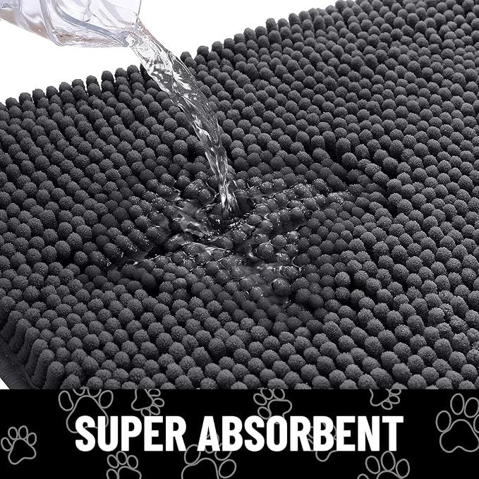 Smiry Dog Door Mat for Muddy Paws, Absorbent Dirt Trapper Non Slip Quick Dry Washable Chenille Mat for Mud Dogs, Entry Rug for Indoor and Outdoor (47x32 Inches, Dark Grey and White)