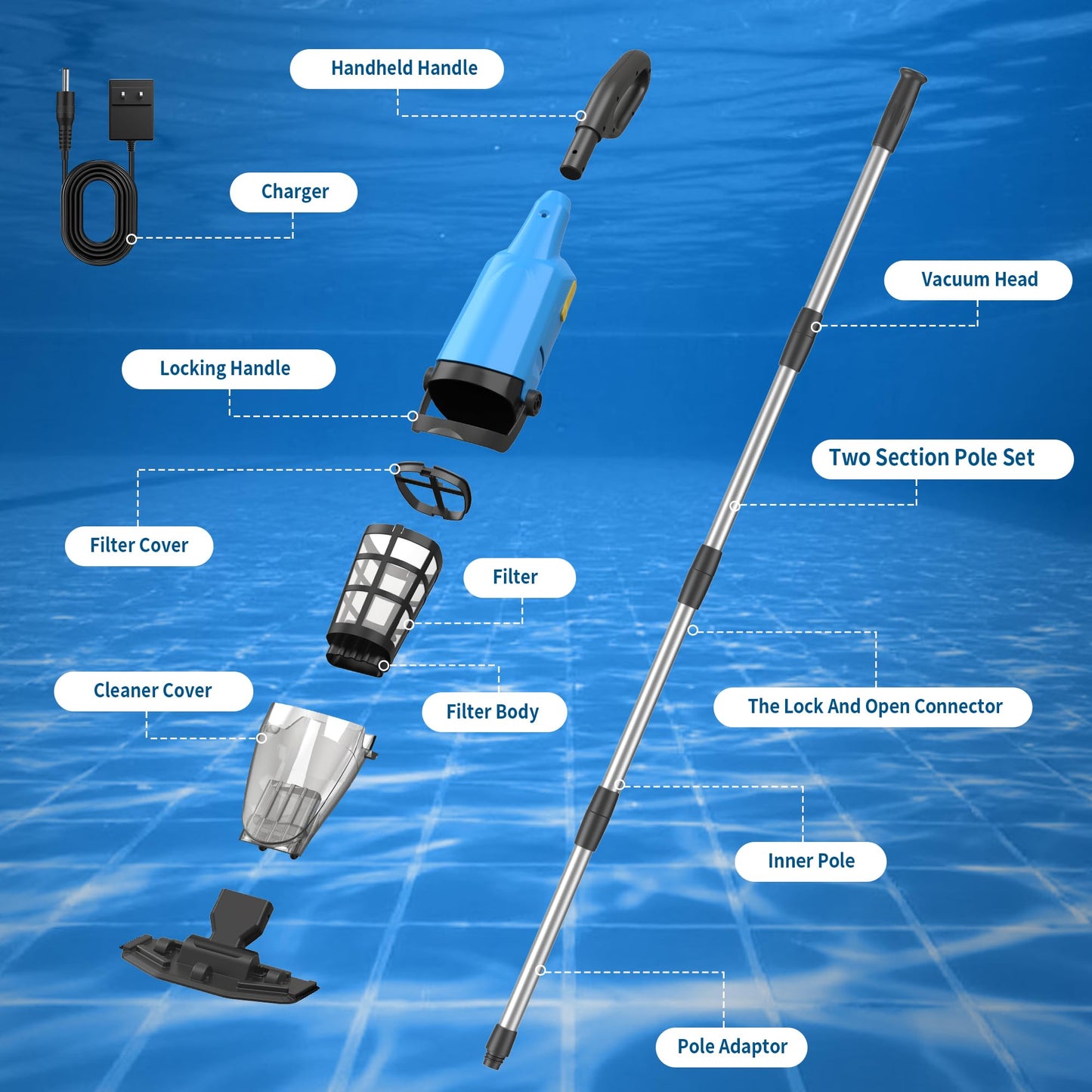 Handheld Pool Vacuum for Inground Pools,Pool Cleaner with Powerful Suction up to 15 gallons/min, Ideal for Leaves and Debris，Pool Vacuum Head for Pools Above Ground and Hot Tubs
