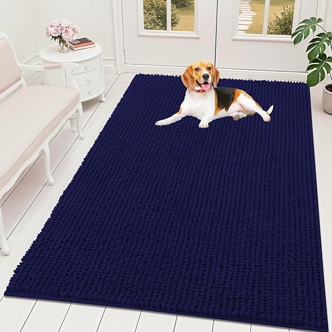 OLANLY Dog Door Mat for Muddy Paws 70x46, Ultra Absorbent Chenille Mud Doormat, Non-Slip Washable and Dirt Trapping Doormat for Indoor Entryway, Quick-Dry Indoor Pet Bed Mats for Dogs, Navy Blue