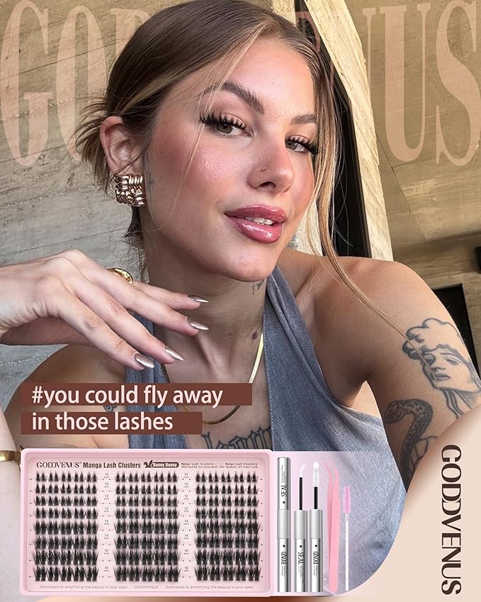 Fluffy Manga Lash Clusters Kit, Natural Wispy Cluster Eyelash Extensions, DIY Lash Extension at Home For Dolly Anime Look, Fairy Individual Lashes Kit with Waterproof Bond and Seal