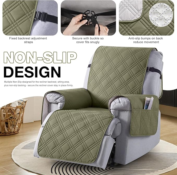 TAOCOCO Waterproof Recliner Chair Cover, Non Slip Oversized Recliner Covers for Recliner Chair with Pocket, Reclining Chair Cover Furniture Protector for Kids, Dogs(28'', Green)
